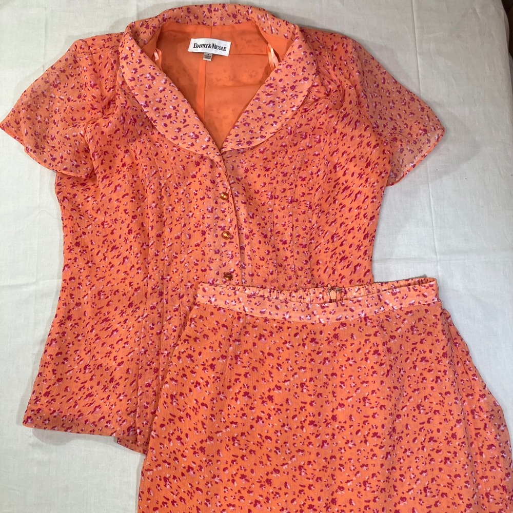 Danny & Nicole 2-Piece Skirt Suit Set Orange Pink Floral Maxi Skirt Blouse 8